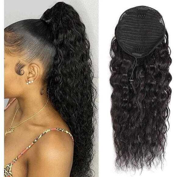 Ponytail Extension,100% Human Hair Drawstring Corn Wave 22” 3C Curly Wavy 10A Br - Picture 4 of 6
